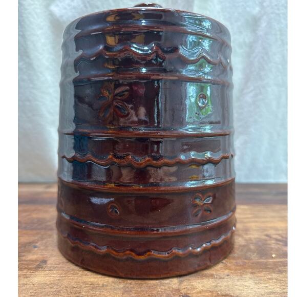 Vintage Marcrest Stoneware Cookie Jar Brown Glazed Daisy Dot Pattern Made in USA - Picture 3 of 14